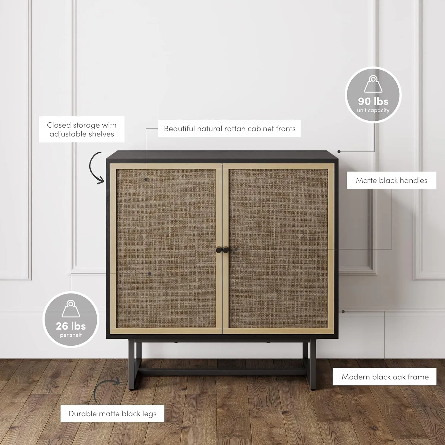 Nathan James Sideboard Buffet Modern Storage, Free Standing Accent Cabinet for Hallway, Entryway or Living Room, 1, Black Oak/Cane & Mina Rattan Wood End Side Accent Table Nightstand