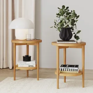 Nathan James Sonia Boho Round Accent End Table, Natural Sofa Side Table in Light Wood with Rattan Storage Shelf for Living Room, Bedroom or Nursery, Light Brown, Set of 2