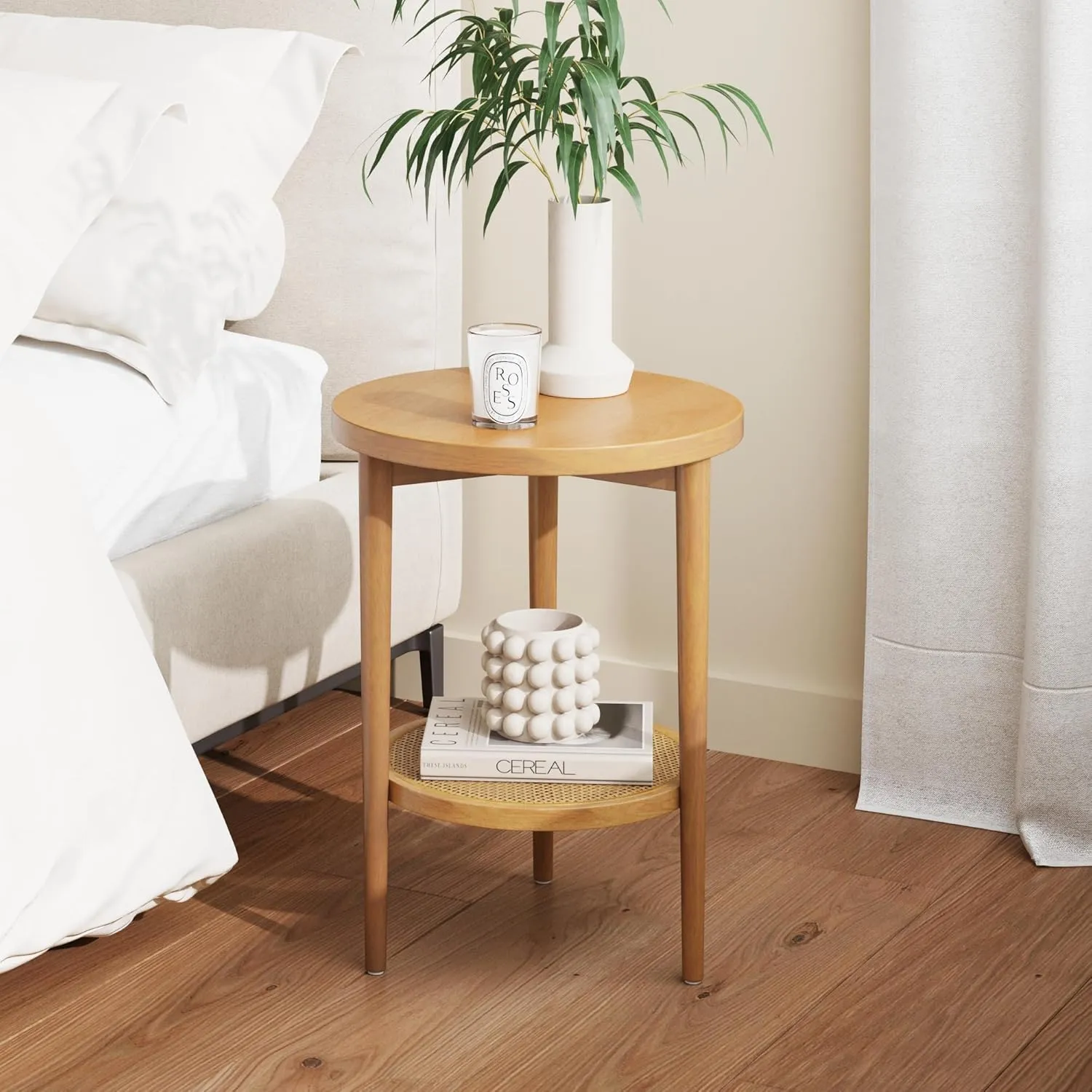 Nathan James Sonia Coffee Table with Storage Shelf, Light Wood/Rattan & Sonia Round Modern Side Accent or End Living Bedroom and Nursery Room, 1 Table, Light Brown Wood