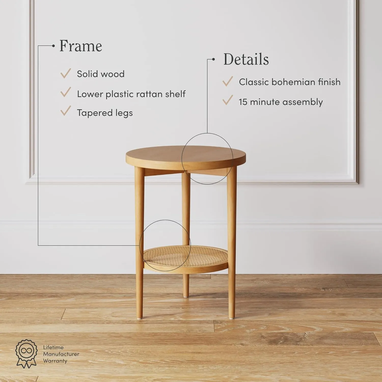Nathan James Sonia Coffee Table with Storage Shelf, Light Wood/Rattan & Sonia Round Modern Side Accent or End Living Bedroom and Nursery Room, 1 Table, Light Brown Wood