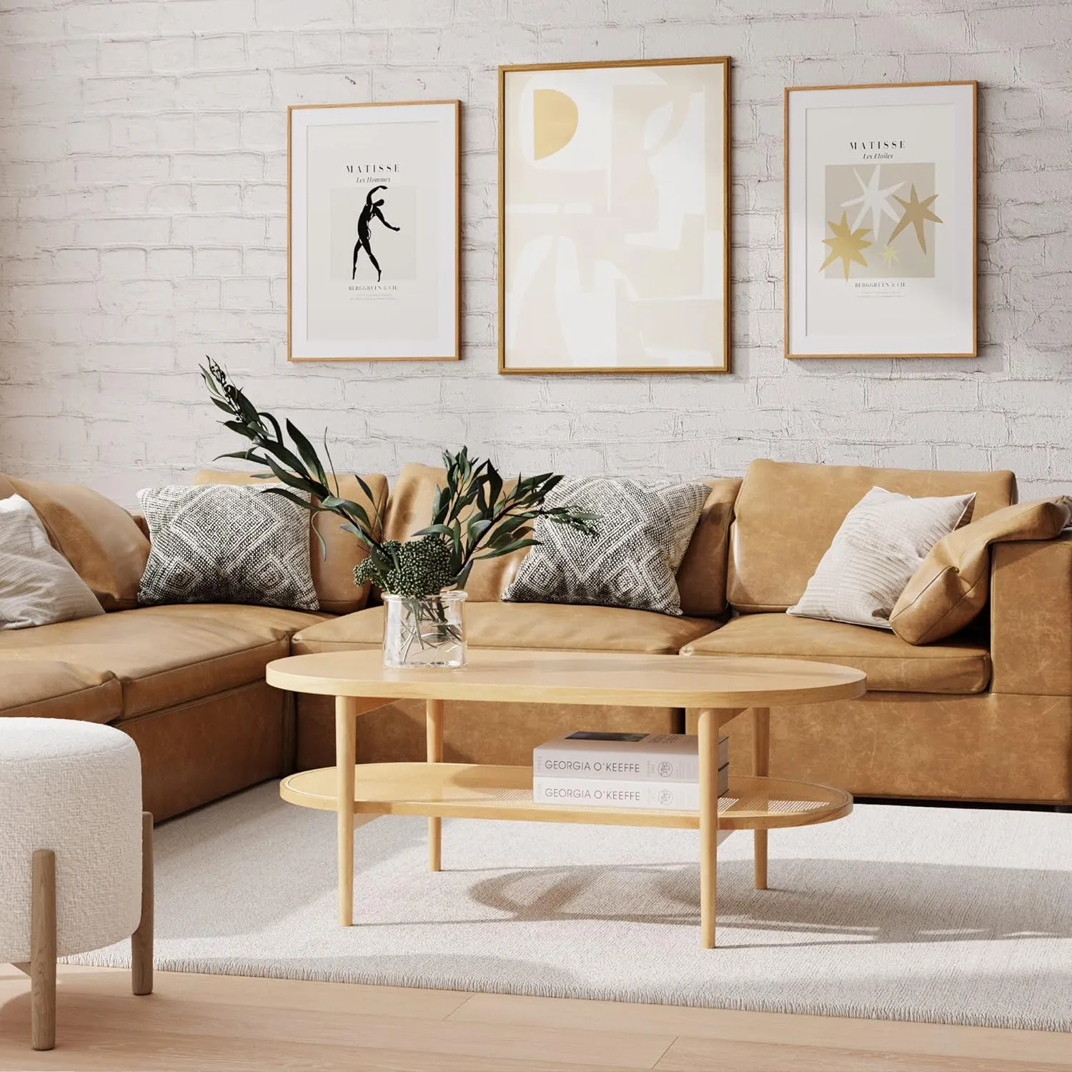 Nathan James Sonia Coffee Table with Storage Shelf, Light Wood/Rattan & Sonia Round Modern Side Accent or End Living Bedroom and Nursery Room, 1 Table, Light Brown Wood