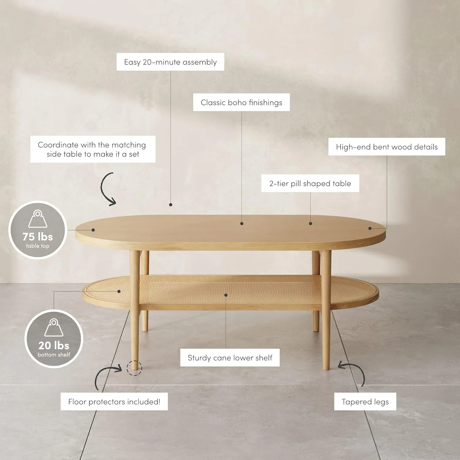 Nathan James Sonia Coffee Table with Storage Shelf, Light Wood/Rattan & Sonia Round Modern Side Accent or End Living Bedroom and Nursery Room, 1 Table, Light Brown Wood