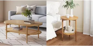 Nathan James Sonia Coffee Table with Storage Shelf, Light Wood/Rattan & Sonia Round Modern Side Accent or End Living Bedroom and Nursery Room, 1 Table, Light Brown Wood