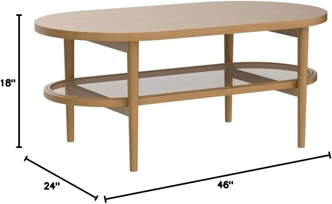 Nathan James Sonia Coffee Table with Storage Shelf, Light Wood/Rattan