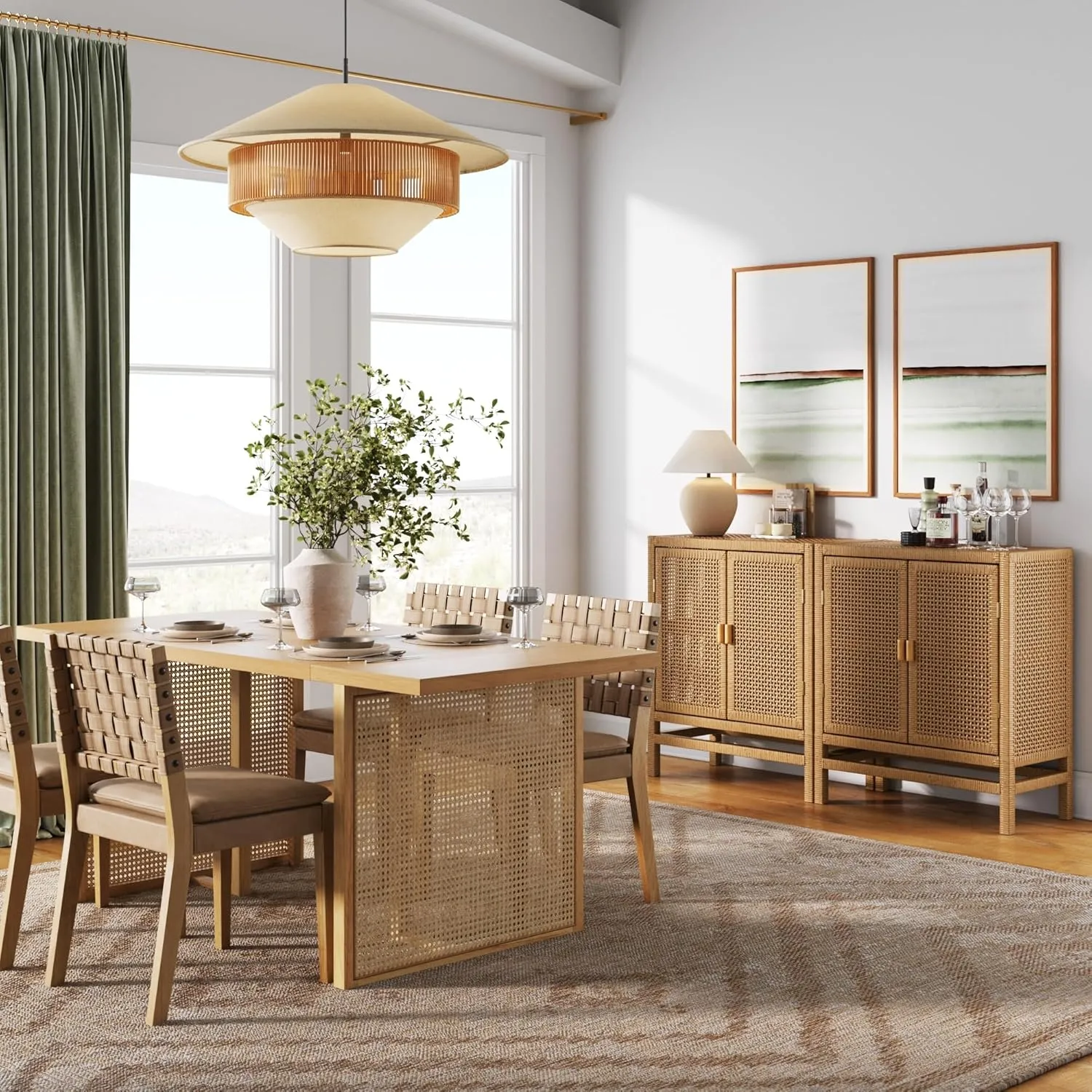 Nathan James Tanner Wood and Rattan Storage Cabinet, Boho Sideboard with Solid Wood Frame and Adjustable Shelf