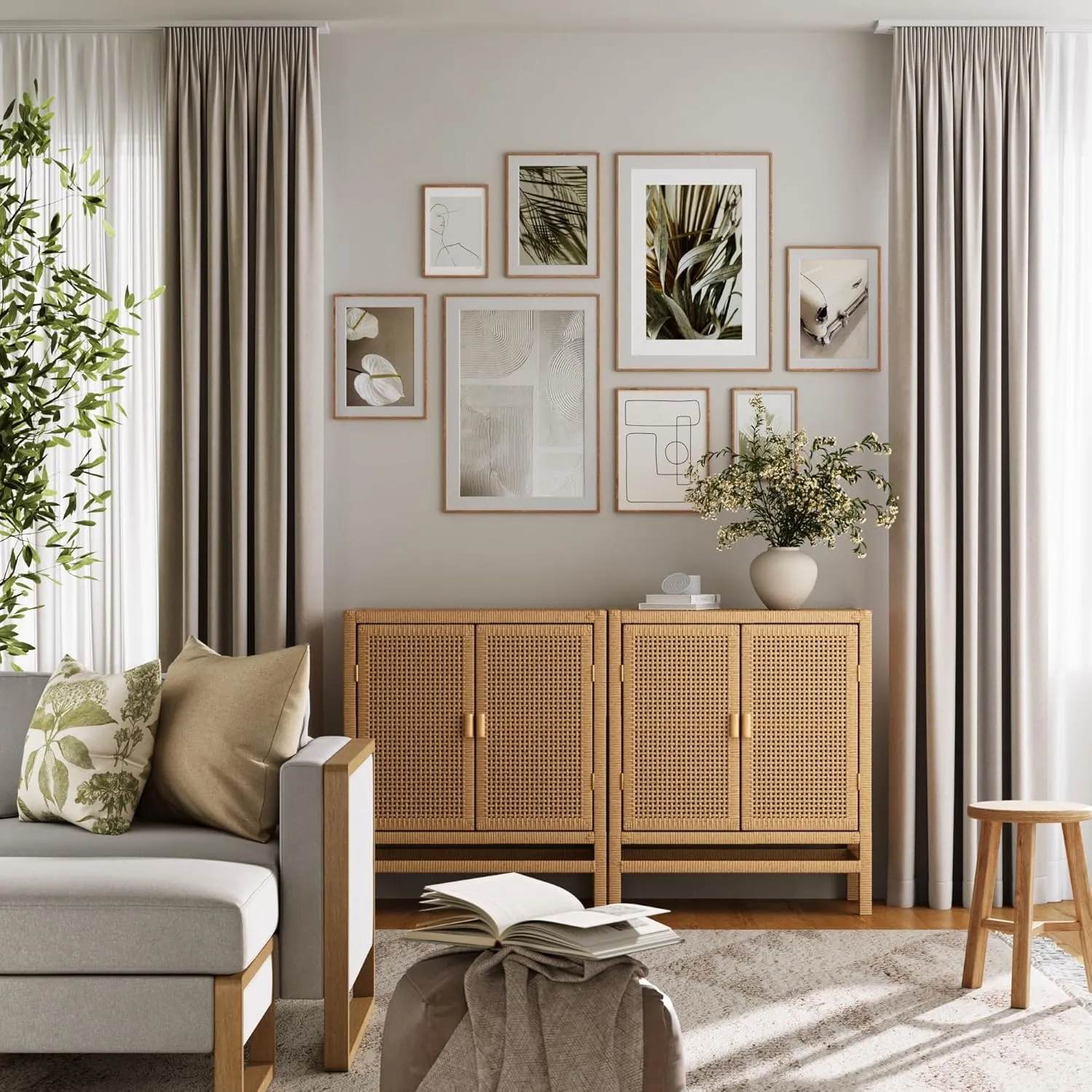 Nathan James Tanner Wood and Rattan Storage Cabinet, Boho Sideboard with Solid Wood Frame and Adjustable Shelf