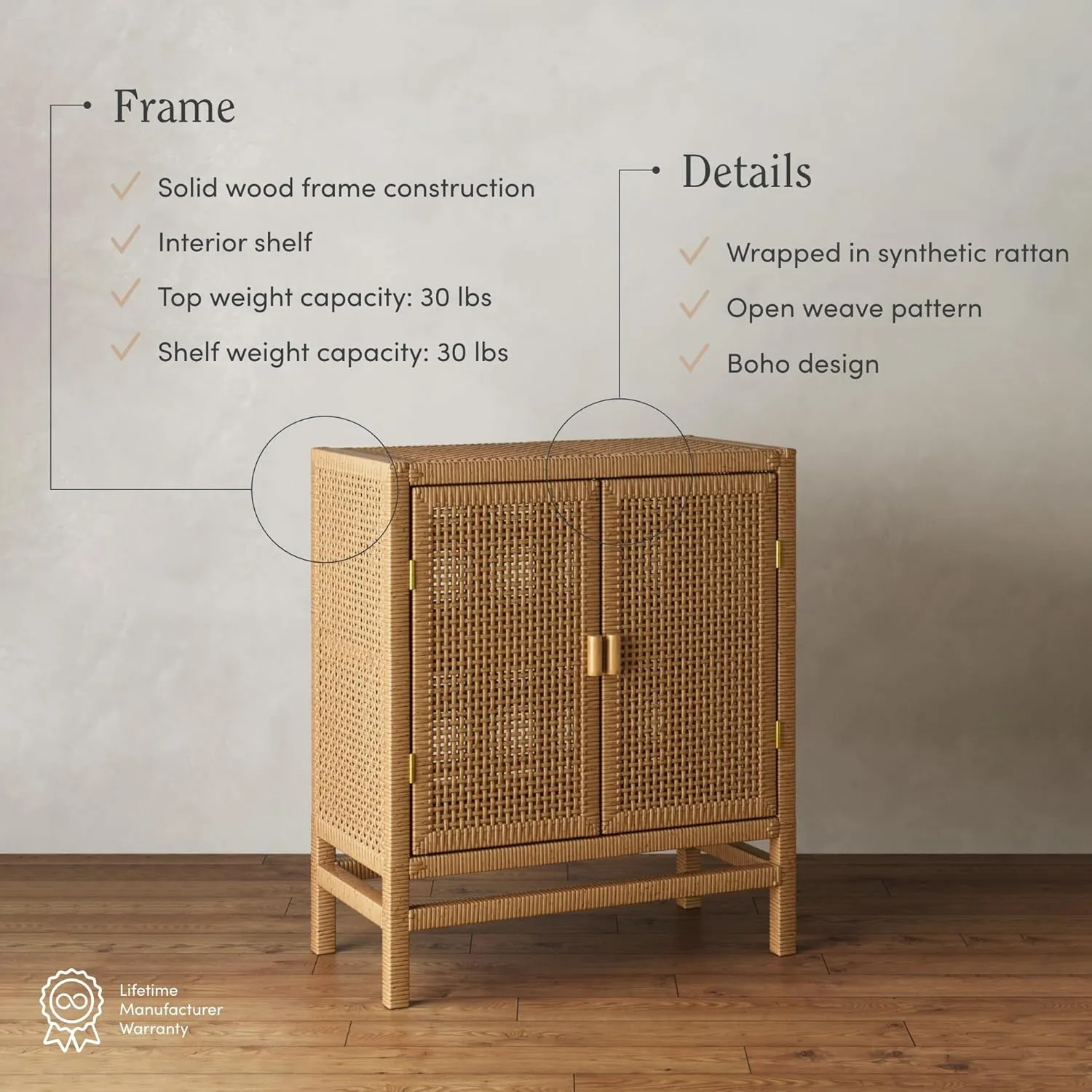 Nathan James Tanner Wood and Rattan Storage Cabinet, Boho Sideboard with Solid Wood Frame and Adjustable Shelf