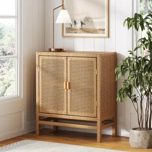 Nathan James Tanner Wood and Rattan Storage Cabinet, Boho Sideboard with Solid Wood Frame and Adjustable Shelf