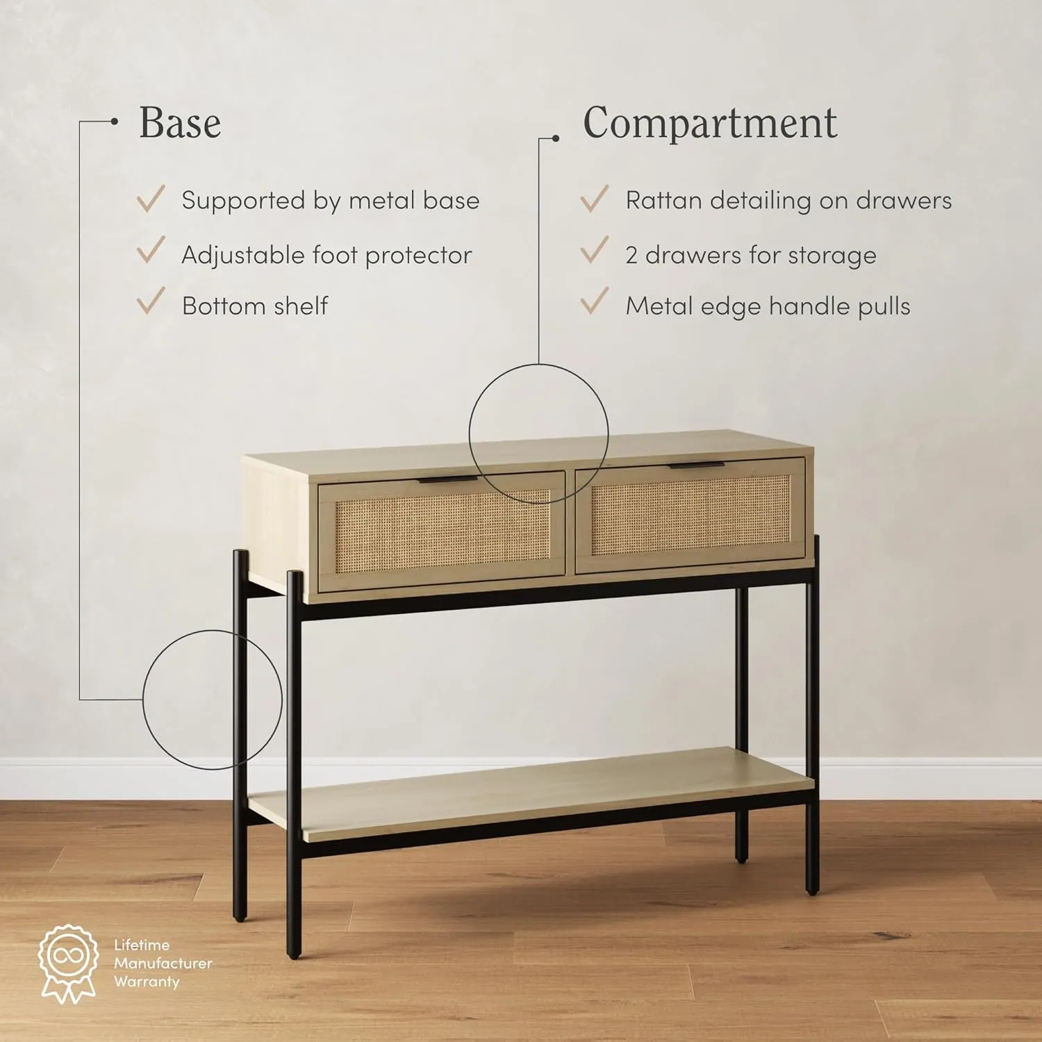 Nathan James Virgo Wood Accent Storage Console Sofa Table, for Entryway, Hallway or Living Room, Light Oak/Black