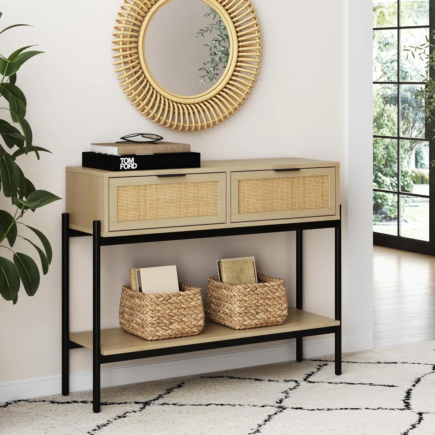 Nathan James Virgo Wood Accent Storage Console Sofa Table, for Entryway, Hallway or Living Room, Light Oak/Black