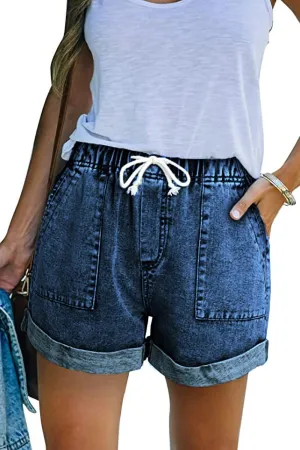 NEYOUQE Women's Casual Fashion Denim Shorts High Waisted Ripped Short Jeans Stretchy Drawstring Elastic Waist Jean 2025