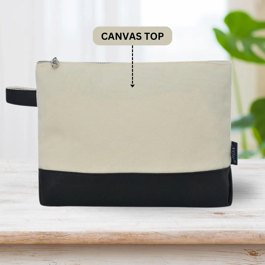 NGIL Jute/Canvas Large Travel DYI Cosmetic Bag Pouch for Women Multipurpose Travel Toiletry Pouch, Personalized Makeup Bag, Best Friend Gift, Bridesmaid Gift Ideas (Black Faux Leather)