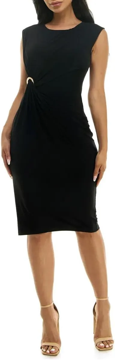 Nina Leonard Jewel Neck Sleeveless Gathered Side held by a Metallic Ring Zipper Back Solid Matte Jersey Dress Black/S, Small