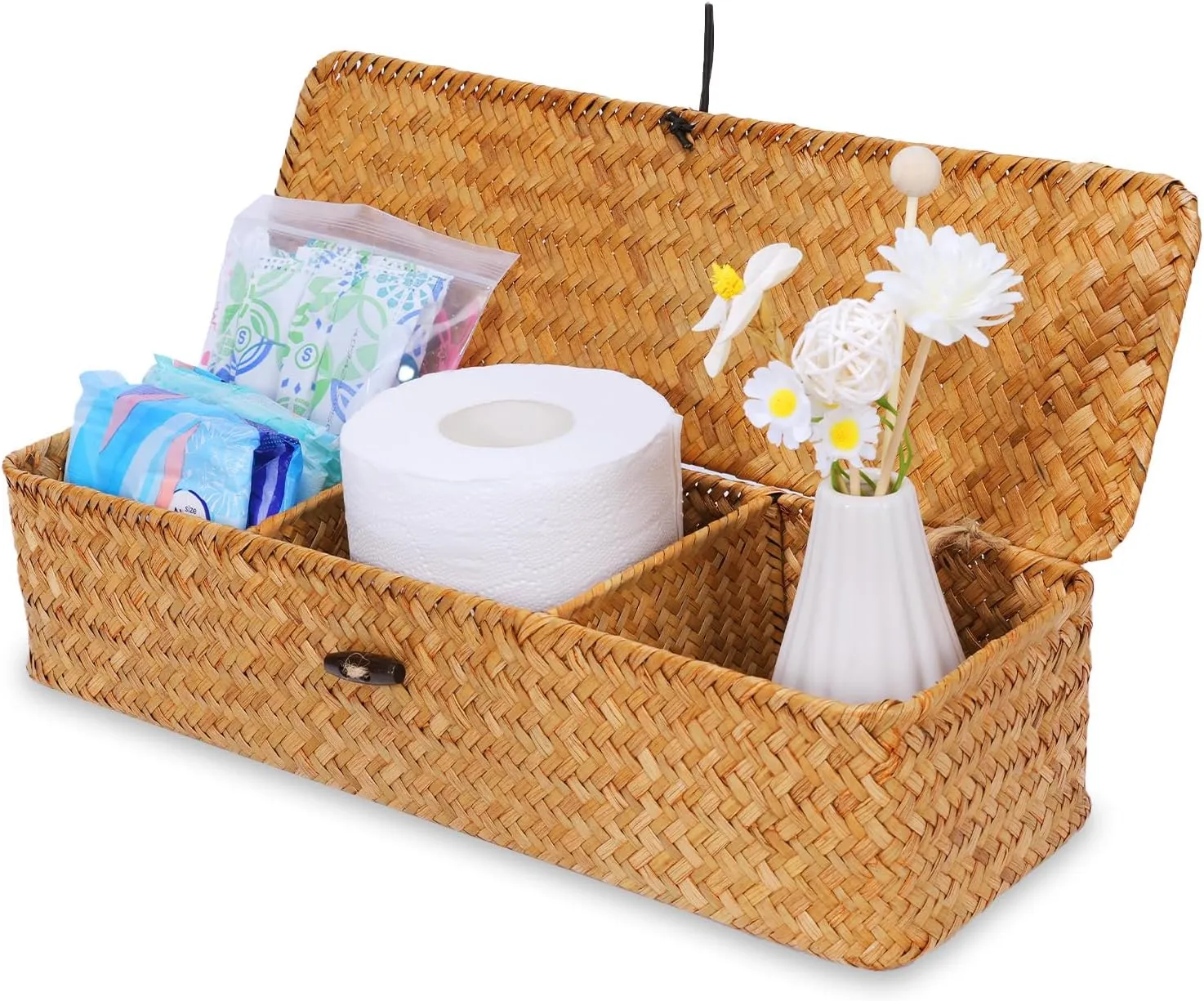 Nonam Seagrass Storage Basket with Lid - 3-Section Divided Organizer for Tea,Sugar,Coffee,Tampons - Woven Shelf Bin for Closet, Toilet Tank - Rectangular Narrow Boho Basket Home Decor