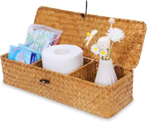 Nonam Seagrass Storage Basket with Lid - 3-Section Divided Organizer for Tea,Sugar,Coffee,Tampons - Woven Shelf Bin for Closet, Toilet Tank - Rectangular Narrow Boho Basket Home Decor