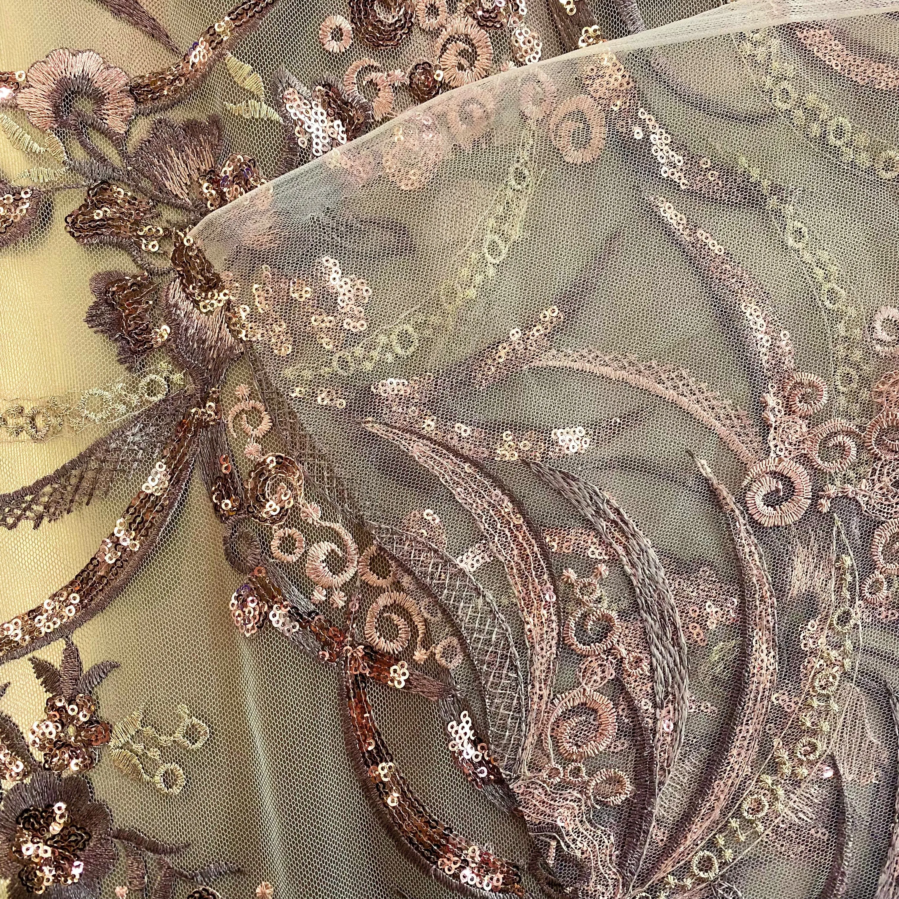 Nouveau Embroidered/Sequinned Floral Vine Tulle - Thistle / Rose Gold