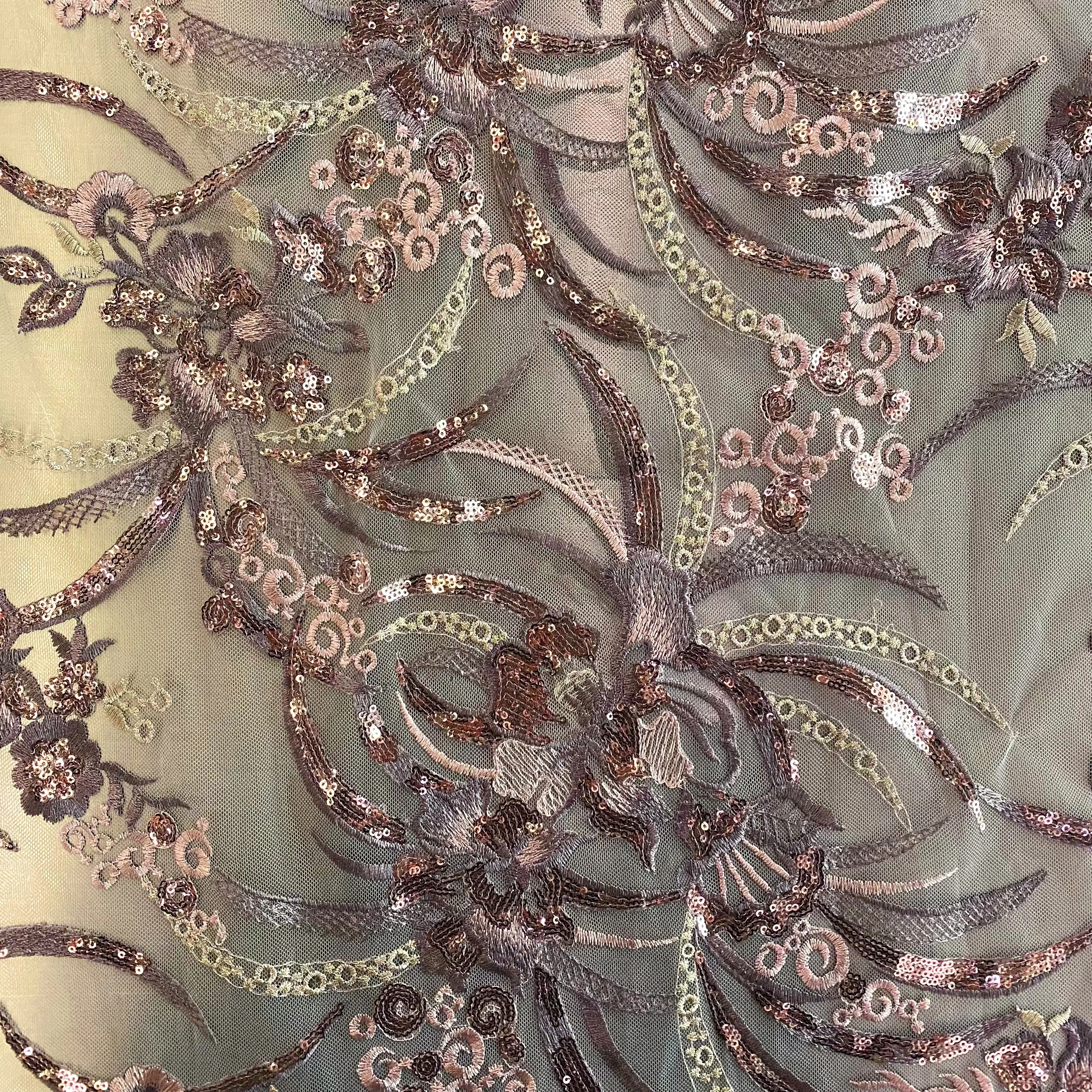 Nouveau Embroidered/Sequinned Floral Vine Tulle - Thistle / Rose Gold