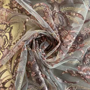 Nouveau Embroidered/Sequinned Floral Vine Tulle - Thistle / Rose Gold