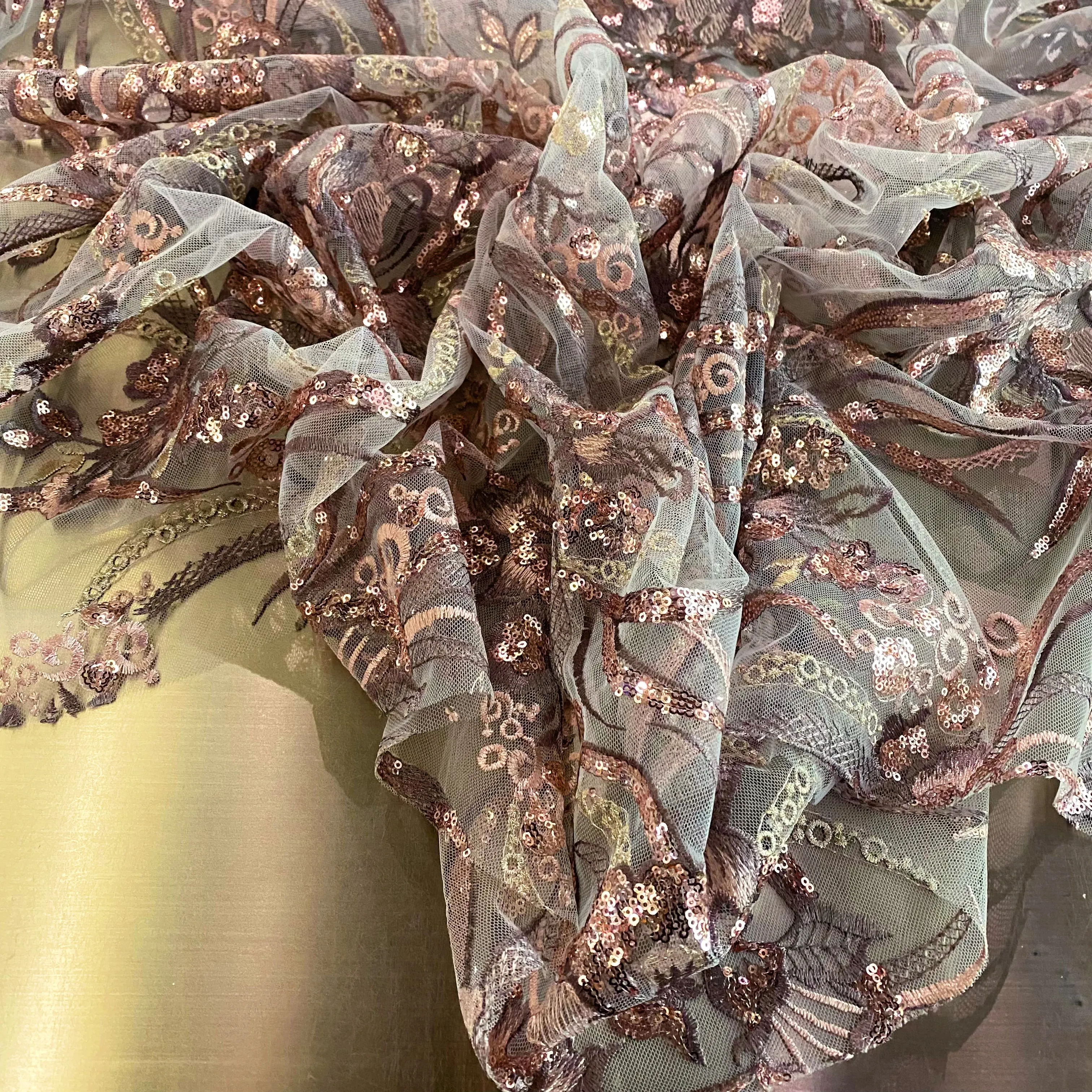 Nouveau Embroidered/Sequinned Floral Vine Tulle - Thistle / Rose Gold