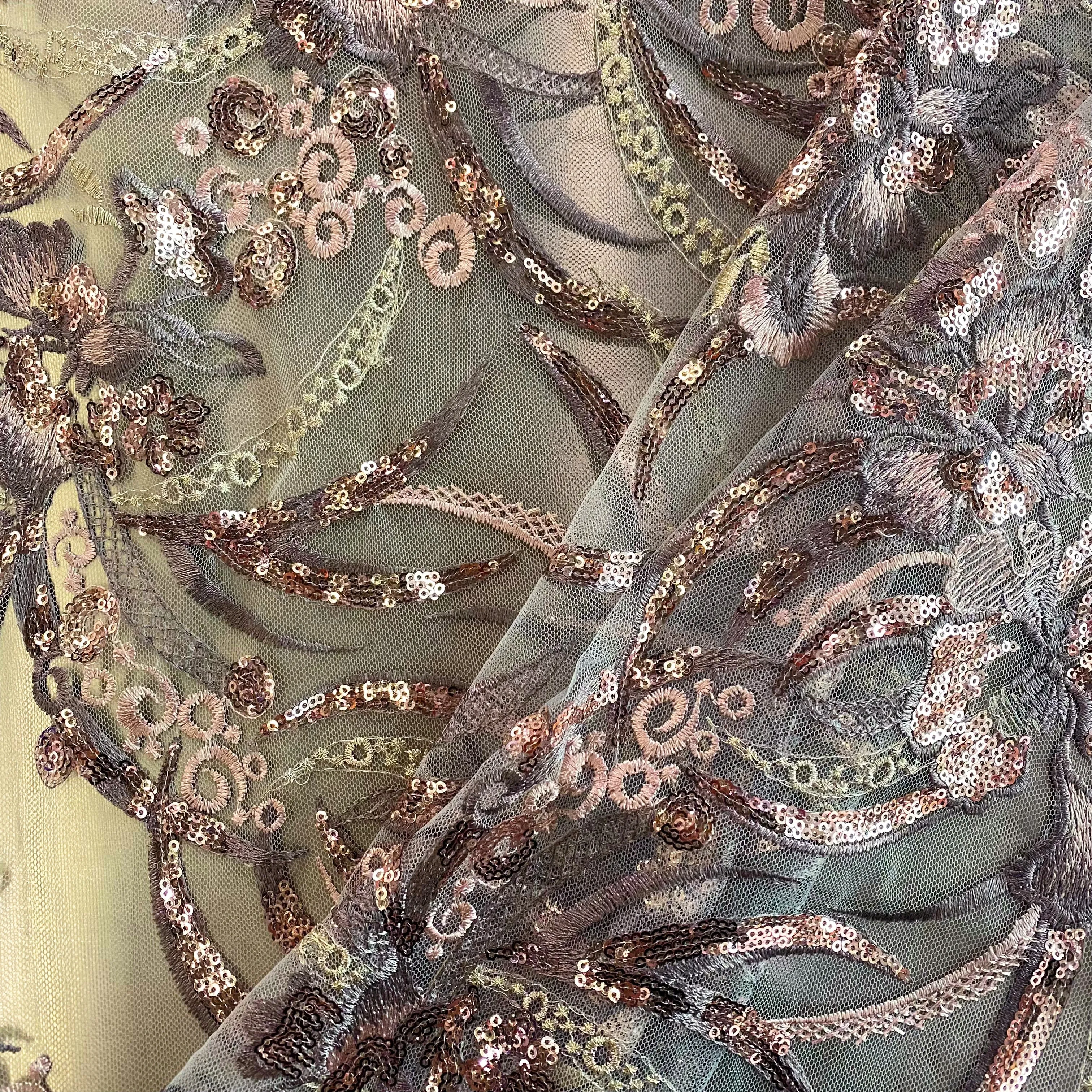 Nouveau Embroidered/Sequinned Floral Vine Tulle - Thistle / Rose Gold