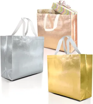 Nush Nush 15 Gift Bags Luxury Mix Color Set - 5 Rose Gold, 5 Silver, 5 Gold Reusable Gift Bags With White Handles - Ideal As Christmas Gift Bags, Goodie Bags, Birthday Gift Bags - 13Wx5Dx11H Size