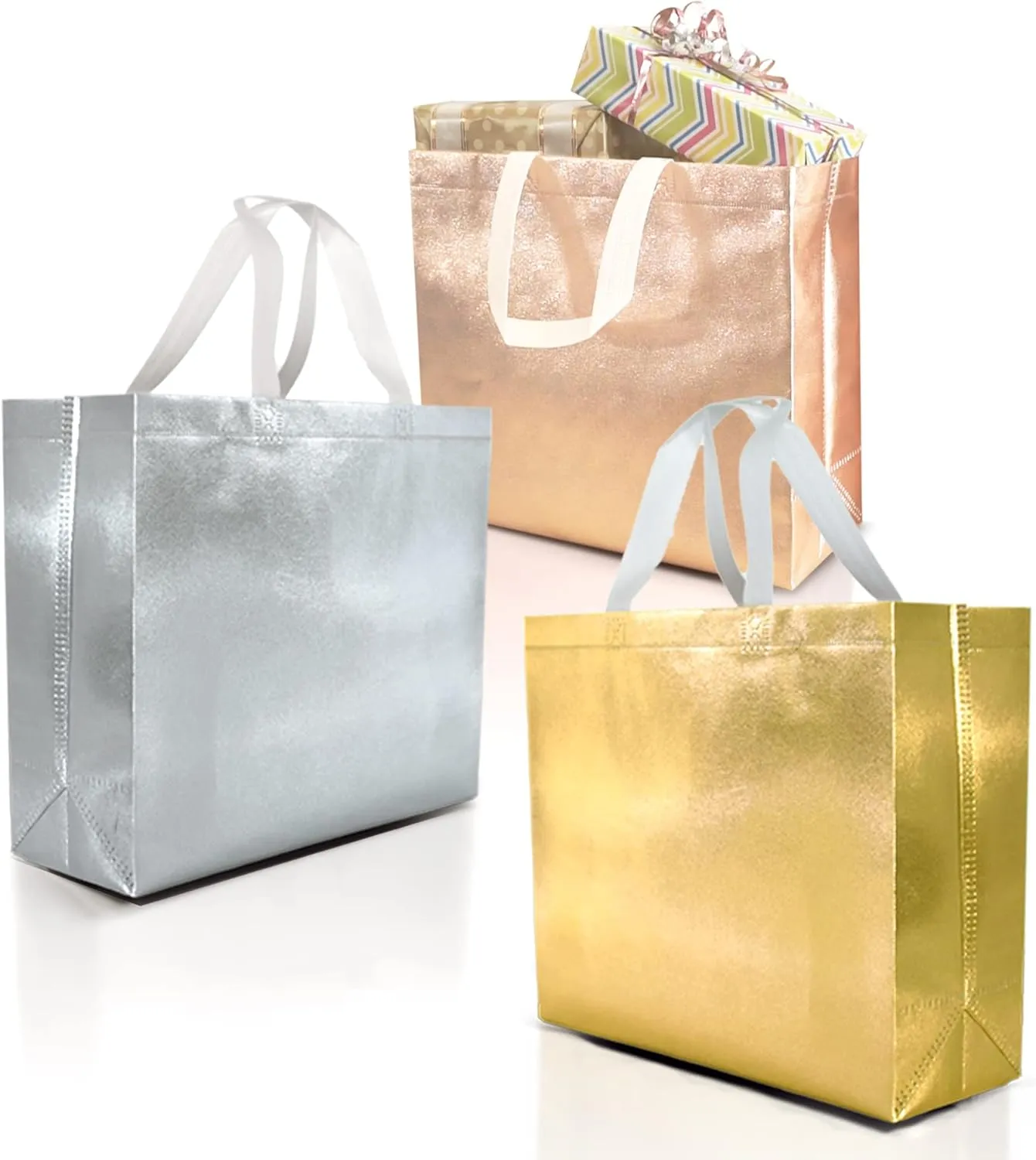 Nush Nush 15 Gift Bags Luxury Mix Color Set - 5 Rose Gold, 5 Silver, 5 Gold Reusable Gift Bags With White Handles - Ideal As Christmas Gift Bags, Goodie Bags, Birthday Gift Bags - 13Wx5Dx11H Size