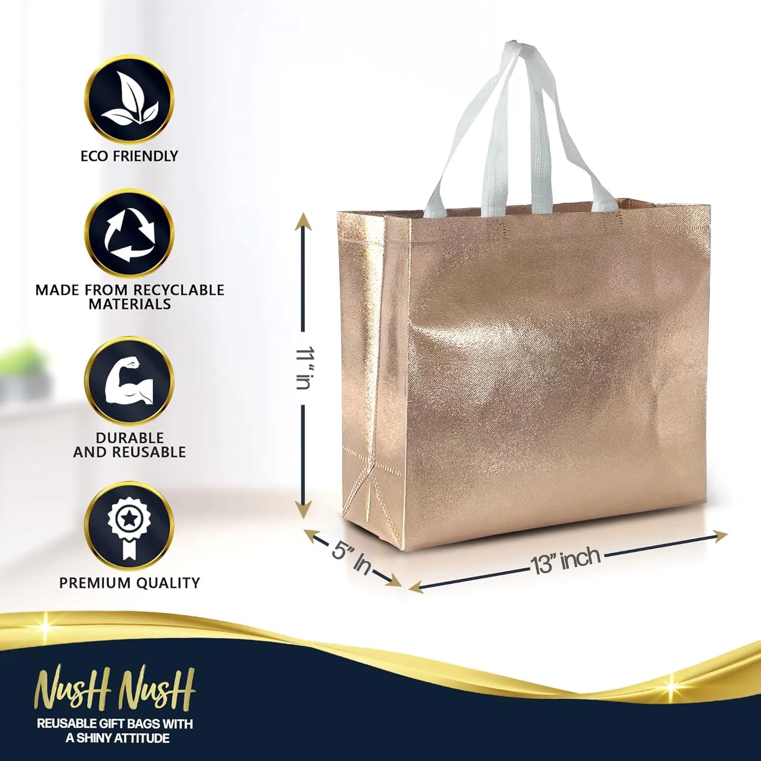 Nush Nush 15 Gift Bags Luxury Mix Color Set - 5 Rose Gold, 5 Silver, 5 Gold Reusable Gift Bags With White Handles - Ideal As Christmas Gift Bags, Goodie Bags, Birthday Gift Bags - 13Wx5Dx11H Size