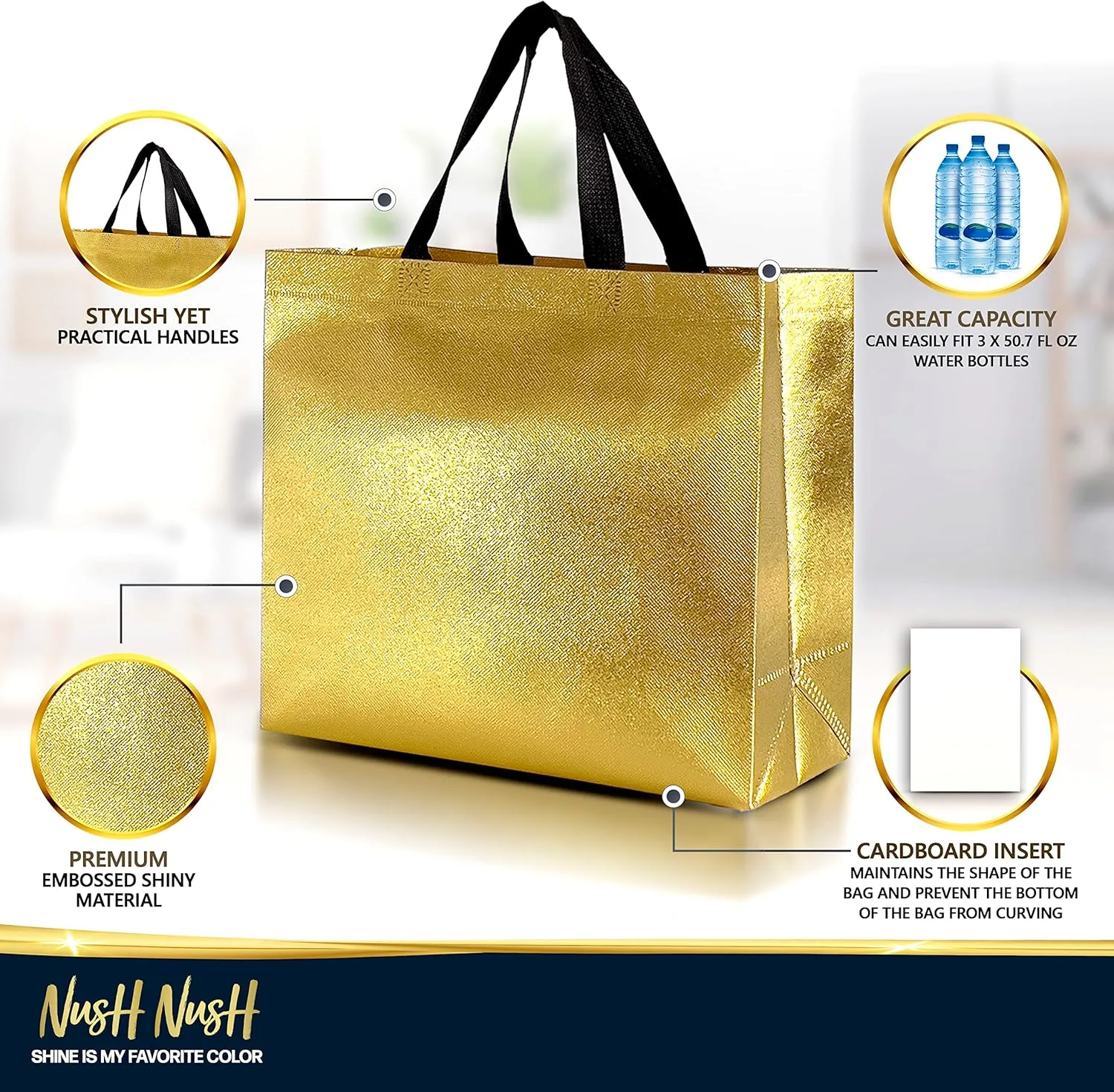 Nush Nush Gold Gift Bags Large Size in Bulk – Set of 60 Shiny Reusable Gold Gift Bags With Black Handles - Perfect As Goodie Bags in Bulk, Christmas Gift Bags, Party Favor Bags – 13Wx5Dx11H Size
