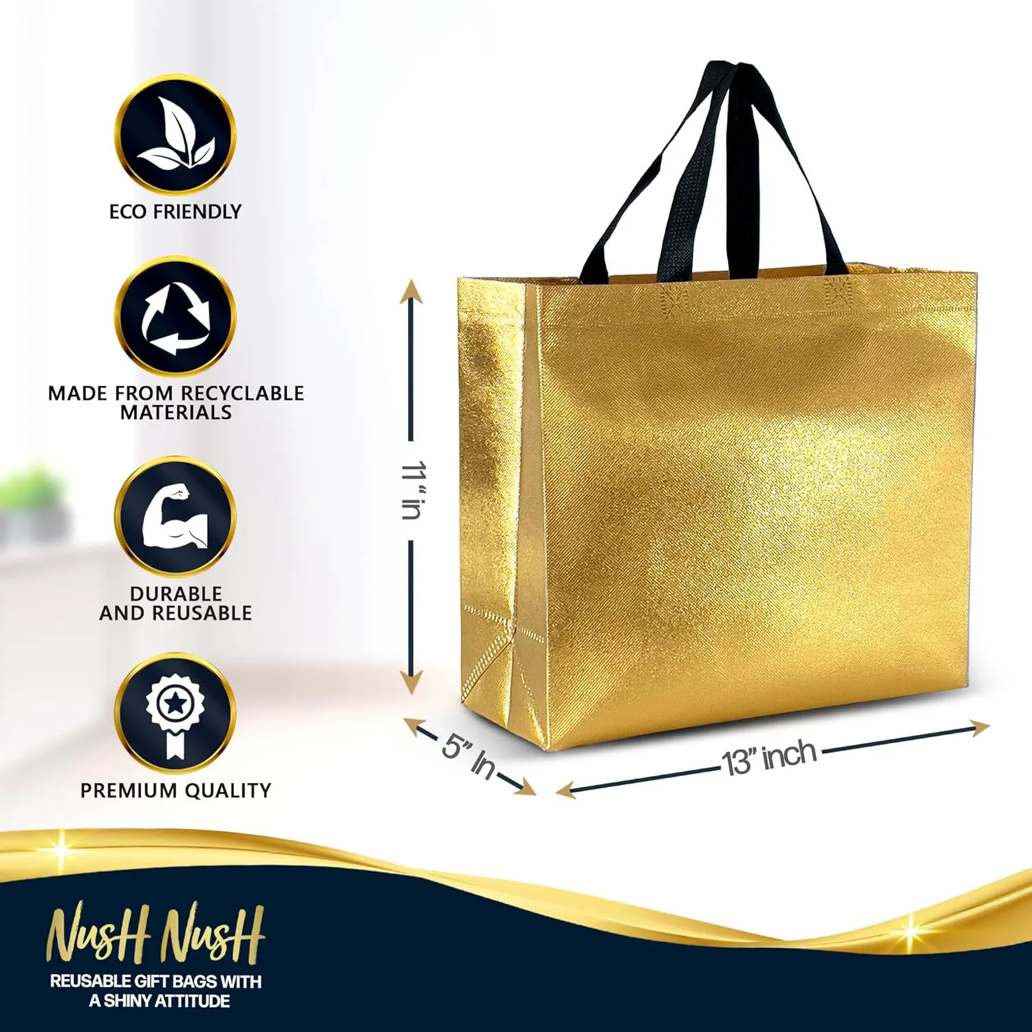 Nush Nush Gold Gift Bags Large Size in Bulk – Set of 60 Shiny Reusable Gold Gift Bags With Black Handles - Perfect As Goodie Bags in Bulk, Christmas Gift Bags, Party Favor Bags – 13Wx5Dx11H Size