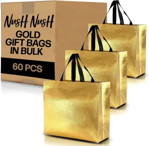 Nush Nush Gold Gift Bags Large Size in Bulk – Set of 60 Shiny Reusable Gold Gift Bags With Black Handles - Perfect As Goodie Bags in Bulk, Christmas Gift Bags, Party Favor Bags – 13Wx5Dx11H Size