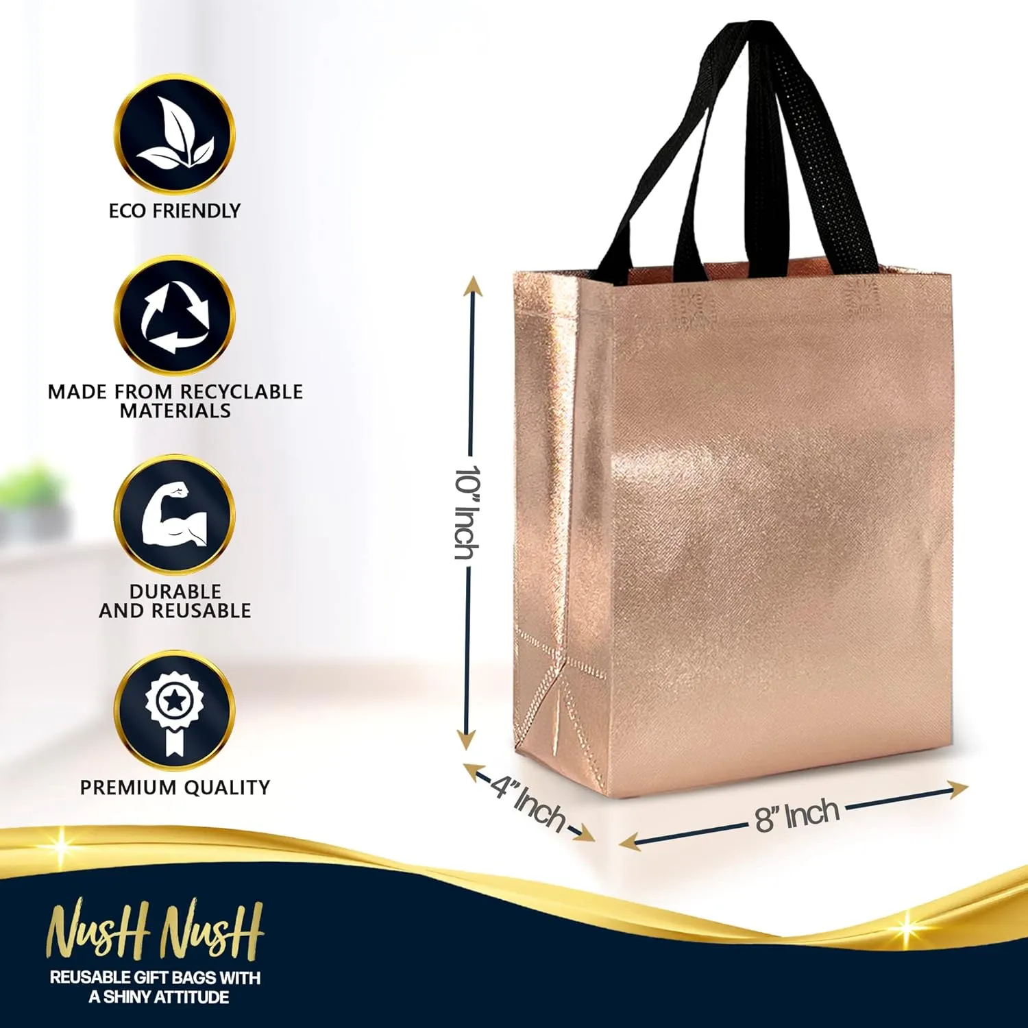 Nush Nush Rose Gold Gift Bags Medium Size– Set of 12 Rose Gold Reusable Gift Bags With Handles in Bulk - Bridesmaids, Bachelorette, Birthday, Pink Gift Bags, Goodie Bags, Party Favor Bags – 8Wx4Dx10H