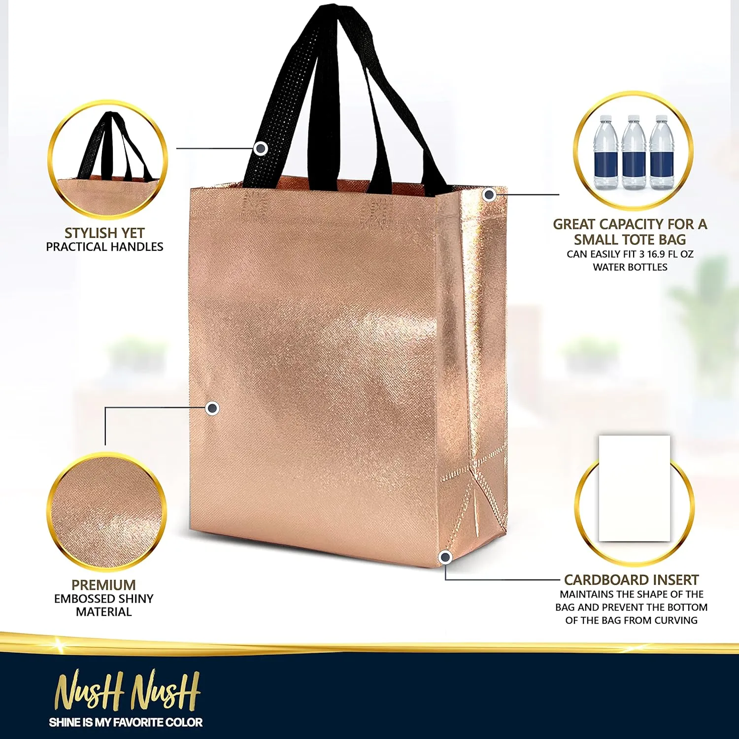 Nush Nush Rose Gold Gift Bags Medium Size– Set of 12 Rose Gold Reusable Gift Bags With Handles in Bulk - Bridesmaids, Bachelorette, Birthday, Pink Gift Bags, Goodie Bags, Party Favor Bags – 8Wx4Dx10H