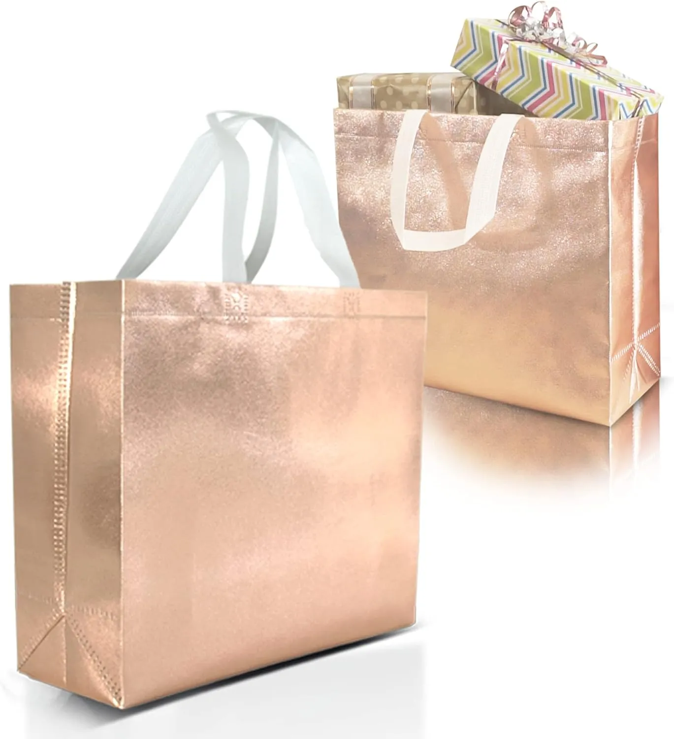 Nush Nush Set of 15 Reusable Rose Gold Gift Bags With Handles - Large Gift Bags For Goodie/Birthday/Bachelorette, Bridesmaids Gift Bags in Bulk, Party Bags, Party Favor Bags – 13Wx5Dx11H