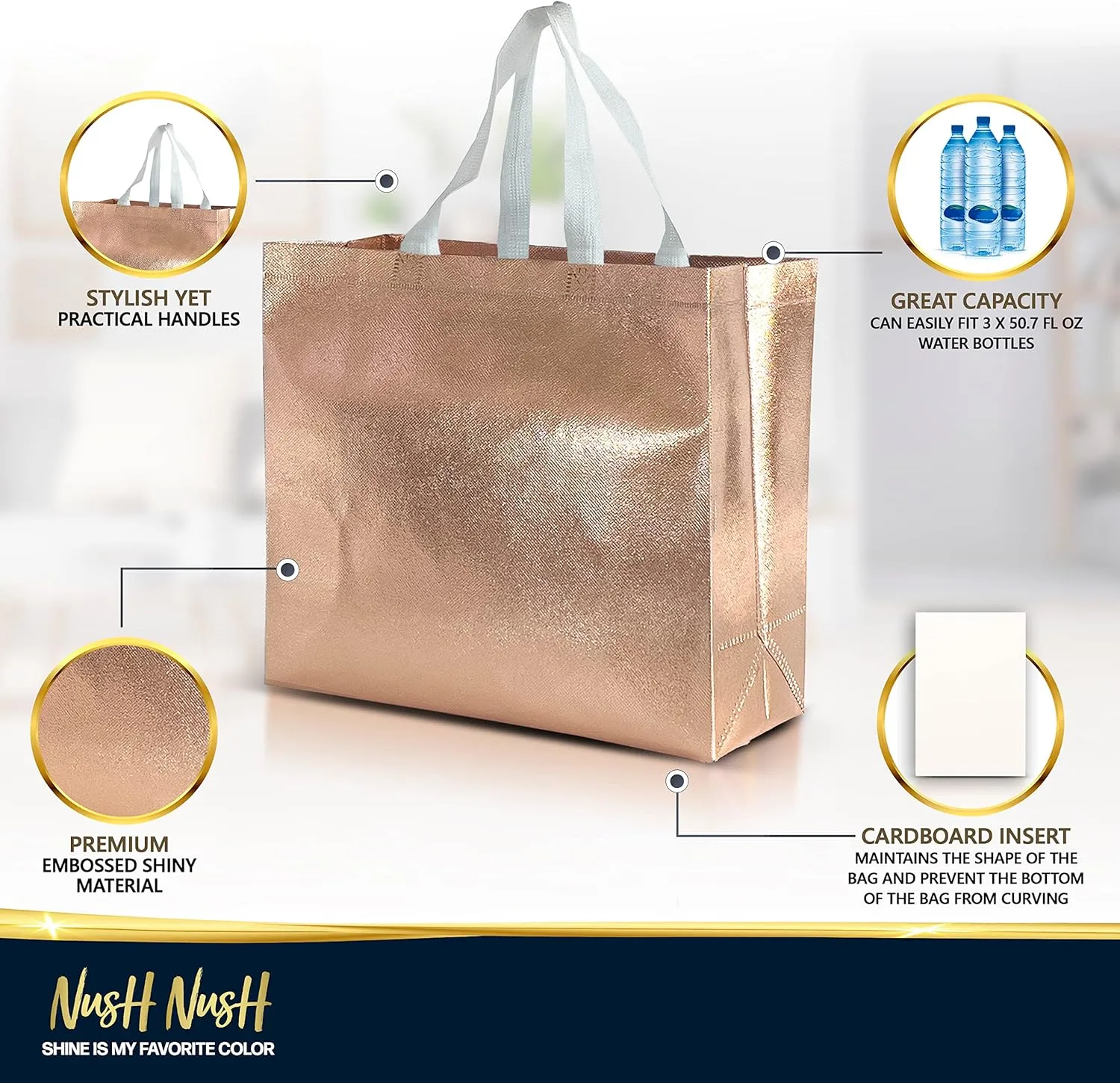 Nush Nush Set of 15 Reusable Rose Gold Gift Bags With Handles - Large Gift Bags For Goodie/Birthday/Bachelorette, Bridesmaids Gift Bags in Bulk, Party Bags, Party Favor Bags – 13Wx5Dx11H