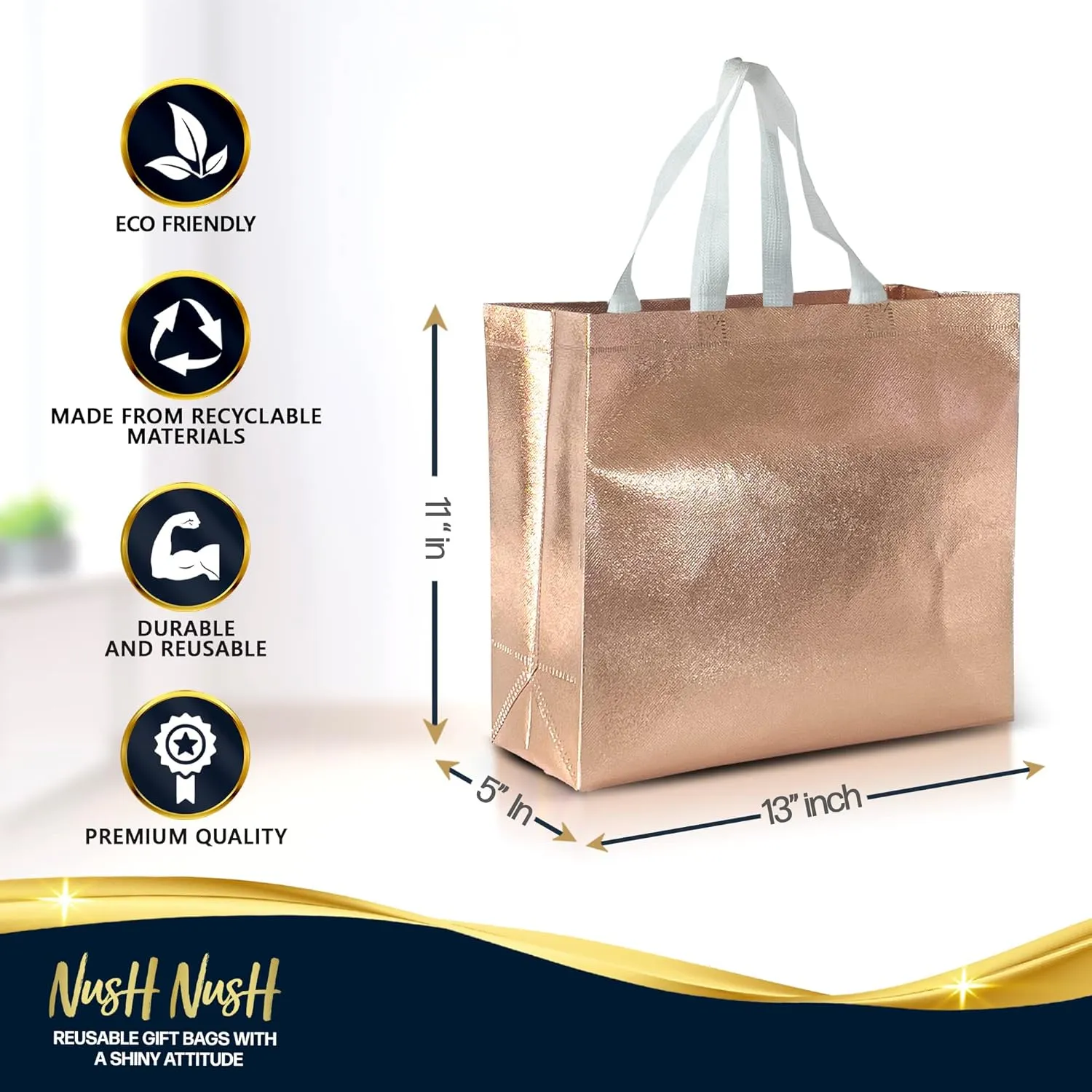 Nush Nush Set of 15 Reusable Rose Gold Gift Bags With Handles - Large Gift Bags For Goodie/Birthday/Bachelorette, Bridesmaids Gift Bags in Bulk, Party Bags, Party Favor Bags – 13Wx5Dx11H