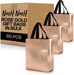 Nush Nush Set of 60 Shiny Rose Gold Gift Bags in Bulk, Reusable With Black Handles, Medium Size, Perfect As Goodie/Birthday Gift Bags, Party Favor Bags, 8Wx4Dx10H Size