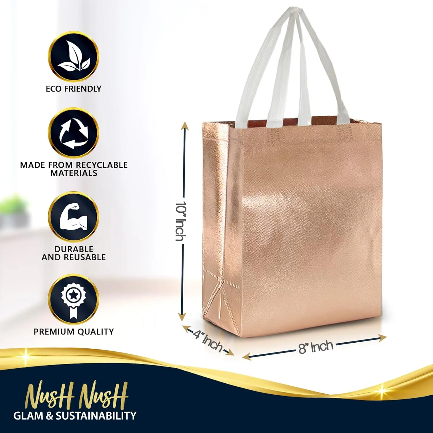 Nush Nush Set of 60 Shiny Rose Gold Gift Bags in Bulk, Reusable With White Handles, Medium Size, Perfect As Goodie/Birthday Gift Bags, Party Favor Bags, 8Wx4Dx10H Size