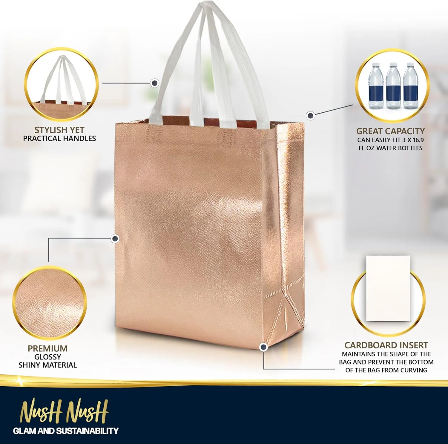 Nush Nush Set of 60 Shiny Rose Gold Gift Bags in Bulk, Reusable With White Handles, Medium Size, Perfect As Goodie/Birthday Gift Bags, Party Favor Bags, 8Wx4Dx10H Size