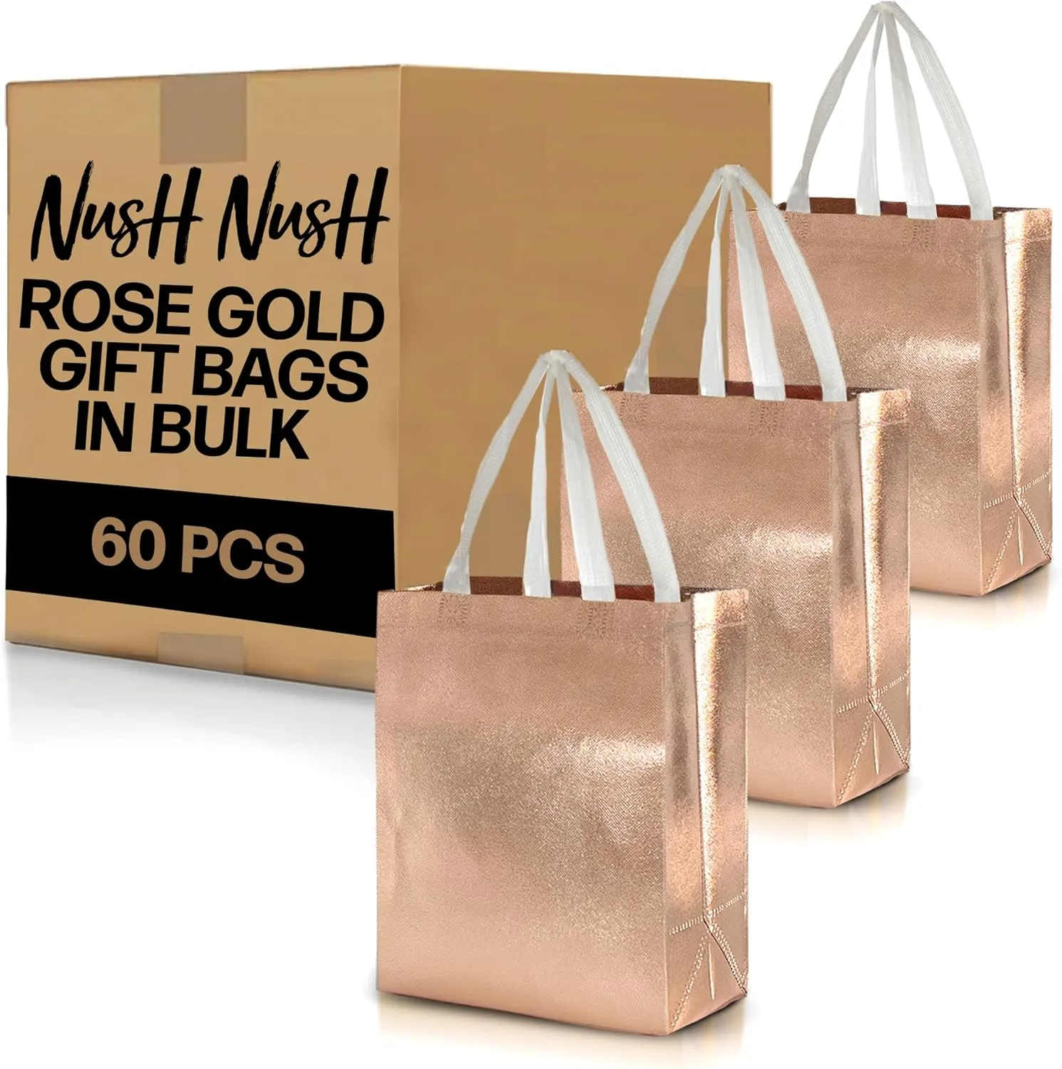 Nush Nush Set of 60 Shiny Rose Gold Gift Bags in Bulk, Reusable With White Handles, Medium Size, Perfect As Goodie/Birthday Gift Bags, Party Favor Bags, 8Wx4Dx10H Size