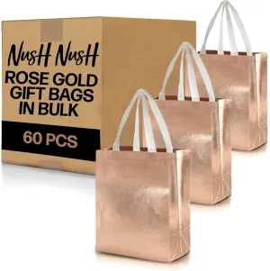 Nush Nush Set of 60 Shiny Rose Gold Gift Bags in Bulk, Reusable With White Handles, Medium Size, Perfect As Goodie/Birthday Gift Bags, Party Favor Bags, 8Wx4Dx10H Size