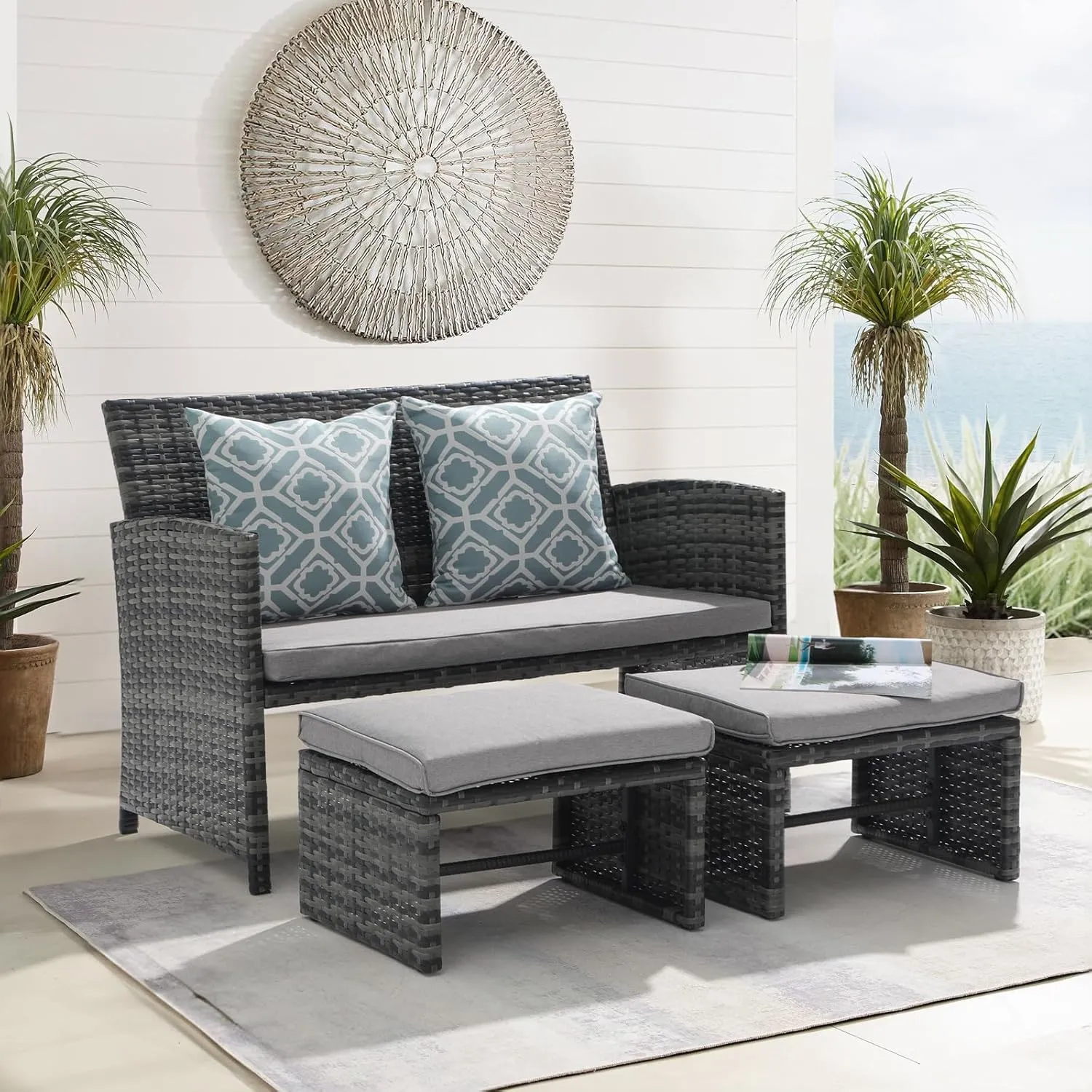 OC Orange-Casual Patio Furniture Set,3 Pieces Outdoor Wicker Conversation Loveseat with Ottomans for Porch, Gray Rattan Light Gray Cushions