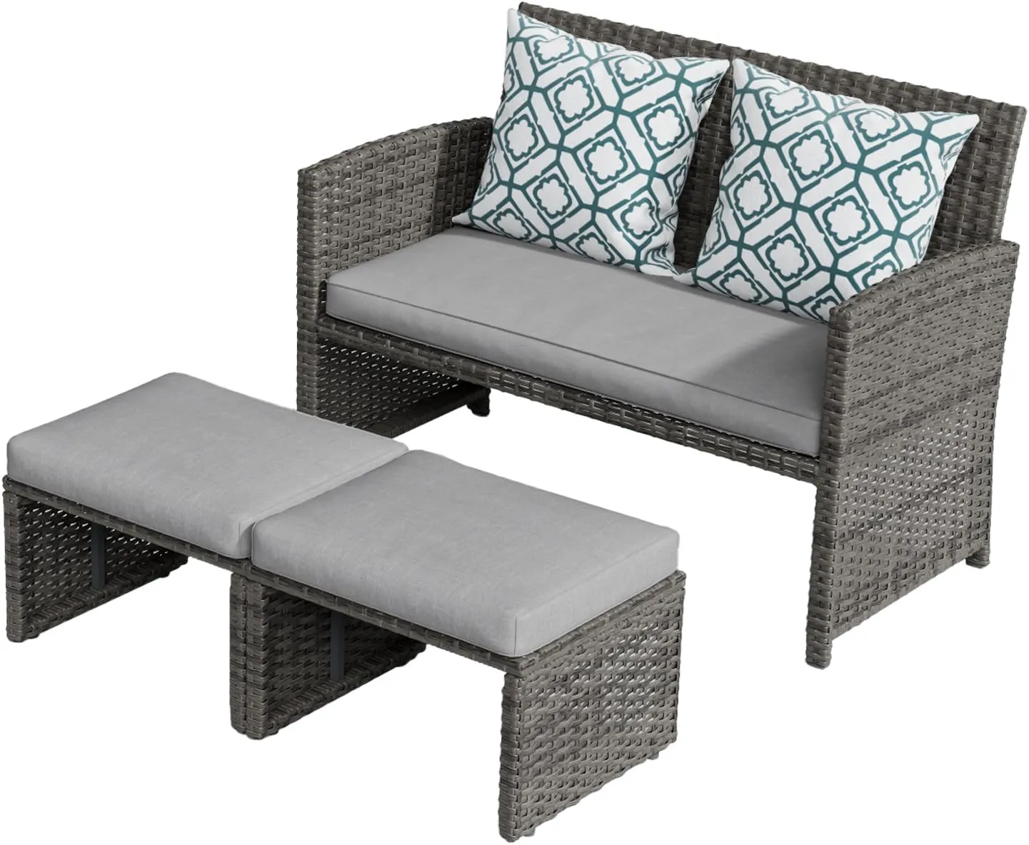 OC Orange-Casual Patio Furniture Set,3 Pieces Outdoor Wicker Conversation Loveseat with Ottomans for Porch, Gray Rattan Light Gray Cushions