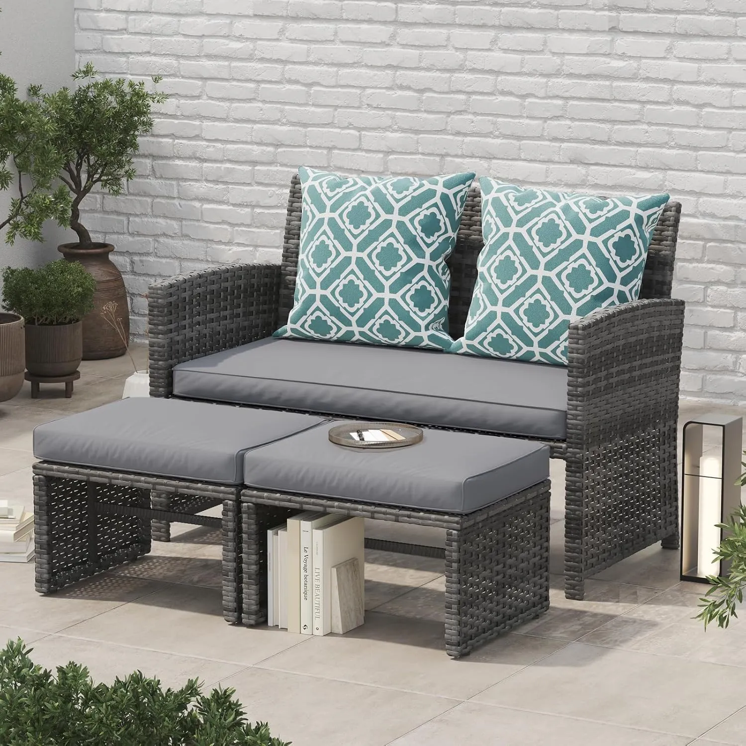OC Orange-Casual Patio Furniture Set,3 Pieces Outdoor Wicker Conversation Loveseat with Ottomans for Porch, Gray Rattan Light Gray Cushions
