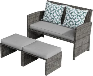 OC Orange-Casual Patio Furniture Set,3 Pieces Outdoor Wicker Conversation Loveseat with Ottomans for Porch, Gray Rattan Light Gray Cushions