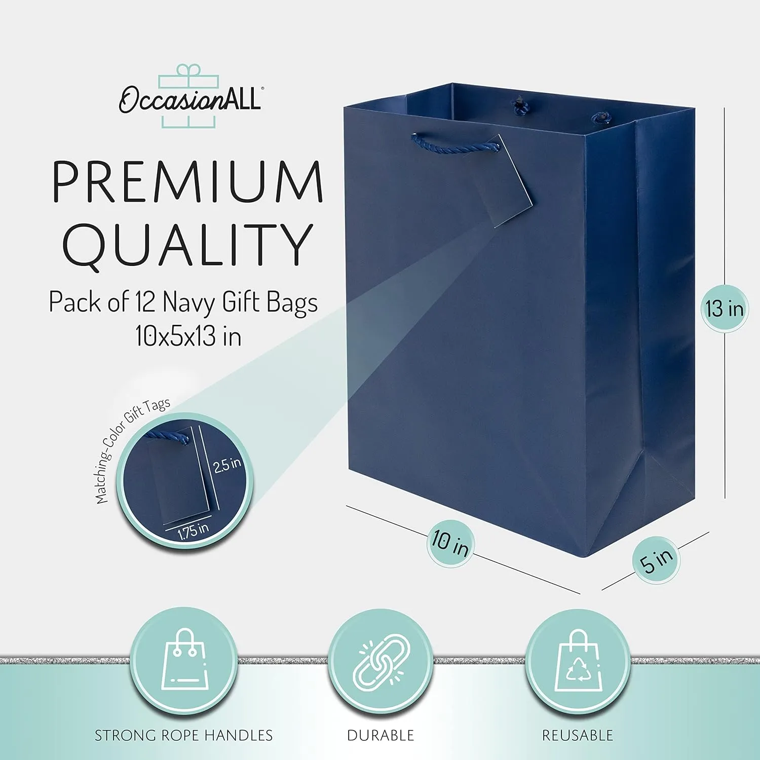 OccasionALL Navy Blue Gift Bags with Handles, Large Totes for Small Business, Party Favors, Christmas Wrap, Goodies, Shopping, Bulk, 10x5x13 12 Pack