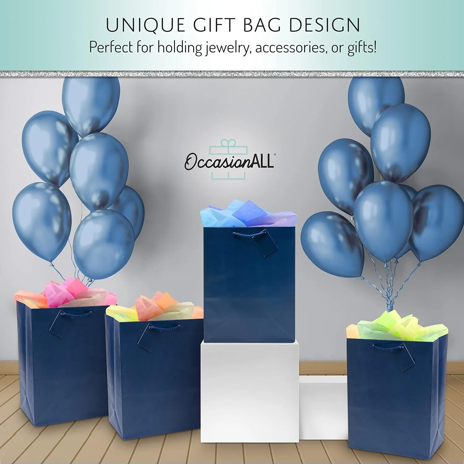 OccasionALL Navy Blue Gift Bags with Handles, Large Totes for Small Business, Party Favors, Christmas Wrap, Goodies, Shopping, Bulk, 10x5x13 12 Pack