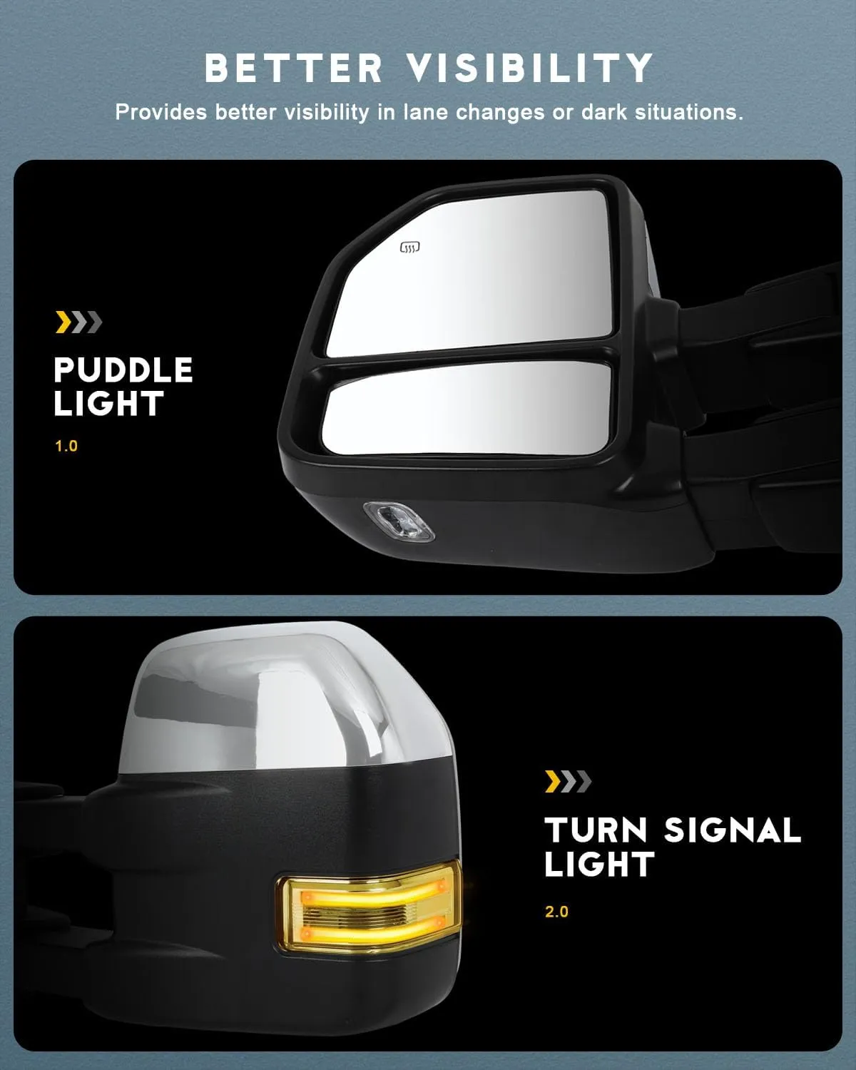 OCPTY Power Heated Towing Mirror Fit For Ford For F-150 2015-2020 Power Heated Turn Signal Puddle Auxiliary Light Temperature Sensor Chrome RH LH 22pin to 8pin Metallic Finish Driver & Passenger Side