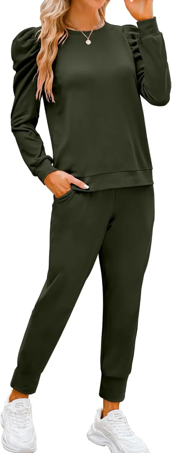 Onedreamer Sweatsuits for Women 2 Piece Outfits Puff Long Sleeve Crewneck Pullover Sweatshirt Jogger Lounge Sets