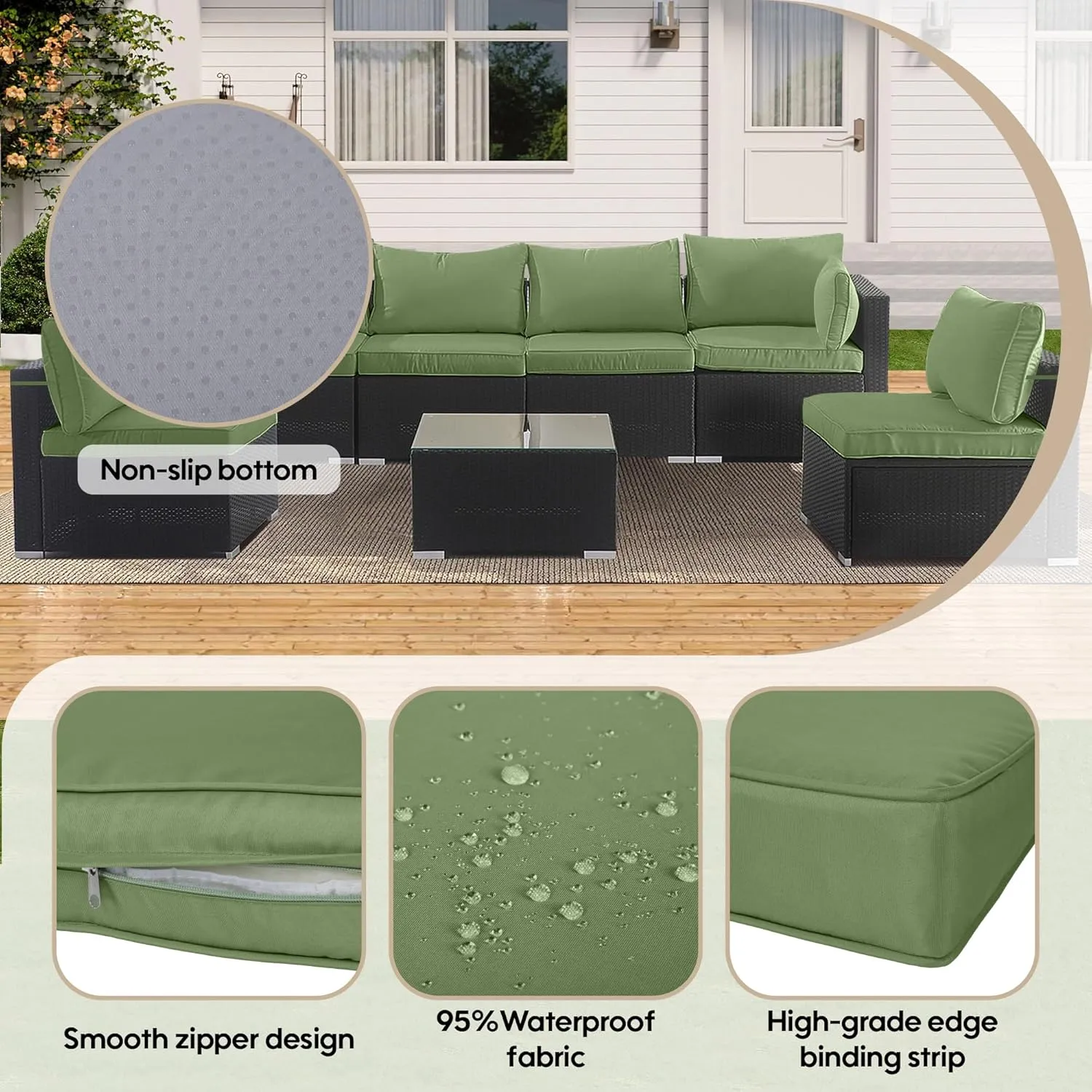 Only choice 14-Piece Patio Cushion Outdoor Covers with Zipper - Replacement for 7 Pieces 6 Seater Outdoor Furniture Sofa Covers Only for Sofa, Couch, Furniture (Cover ONLY)(Olive Green)