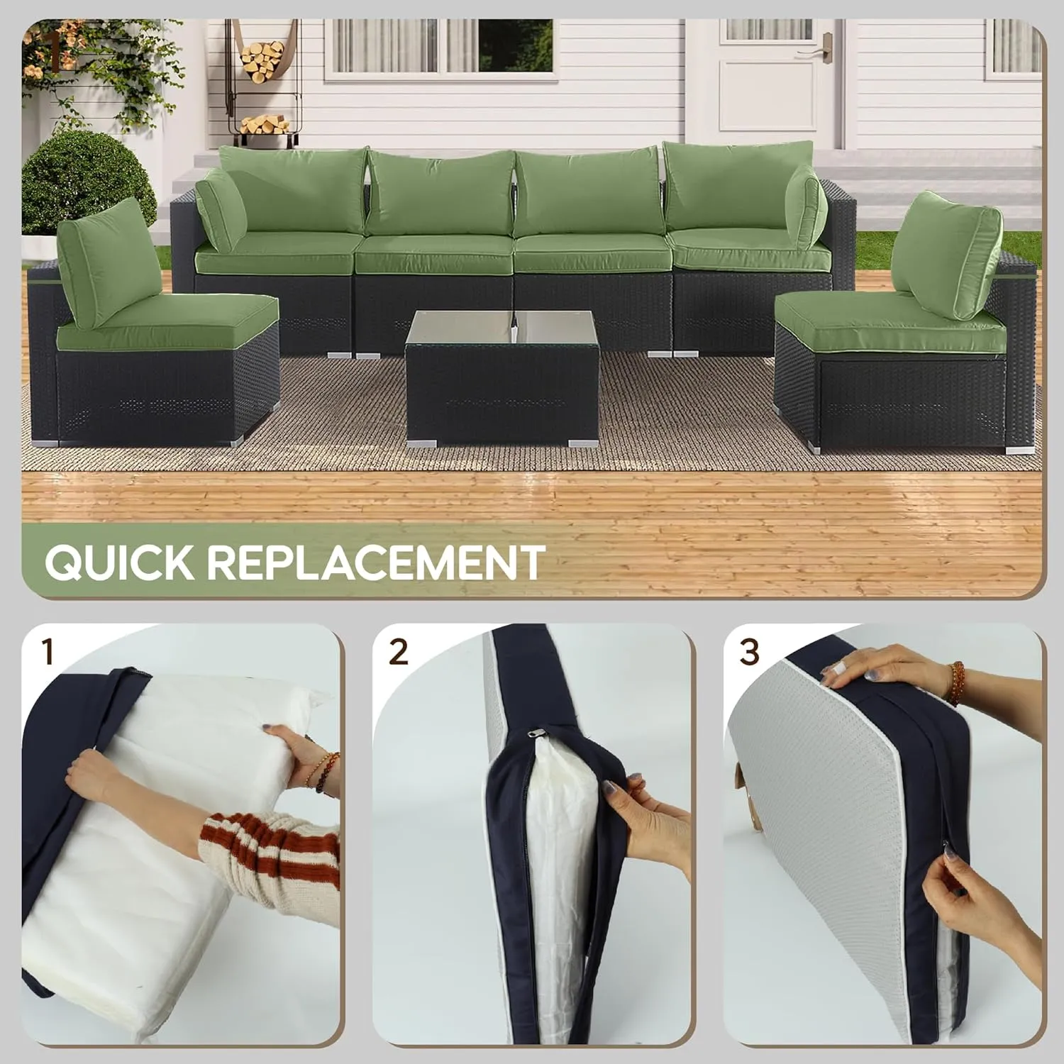 Only choice 14-Piece Patio Cushion Outdoor Covers with Zipper - Replacement for 7 Pieces 6 Seater Outdoor Furniture Sofa Covers Only for Sofa, Couch, Furniture (Cover ONLY)(Olive Green)